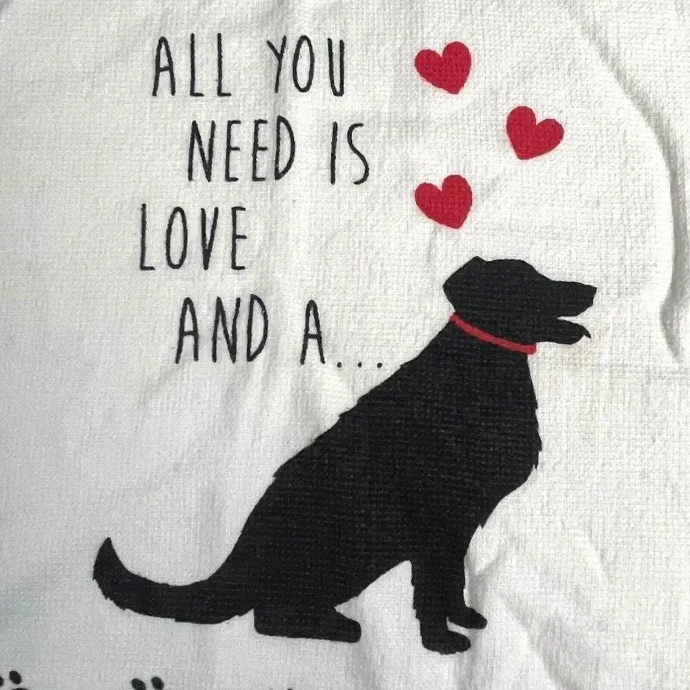 Casaba All you need is Love + Dog Kitchen bath hand towel black white hearts red
